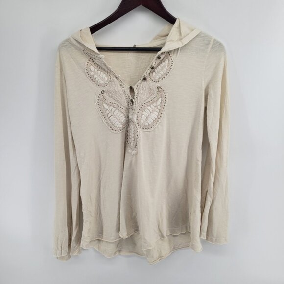 Free People Cream Hooded Lace Detail Women's Boho Top Size Small - Picture 1 of 6